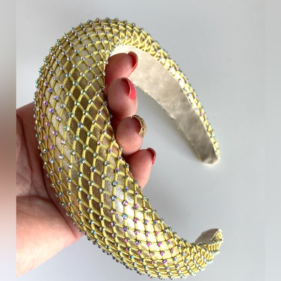 Gold Padded 1.5” Headband with Rhinestone-Adorned Mesh Overlay Handmade - Picture 8 of 10